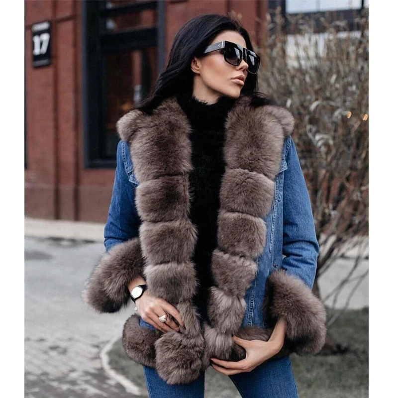 Genuine Fox Fur Parka Jacket Women Fashion Warm Luxury Outertwear Natural Real Fox Fur Denim Coat Female Streetwear 2023