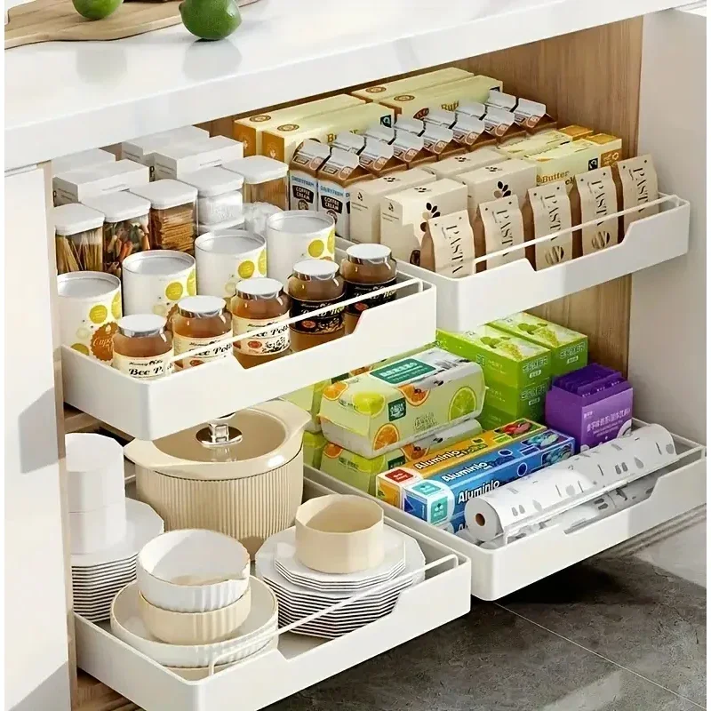 Kitchen Storage Rack Slide Rails Scalable Pull-out Kitchen Drawer Type Storage Tray Spice Box Storage Rack Cabinets Organizers