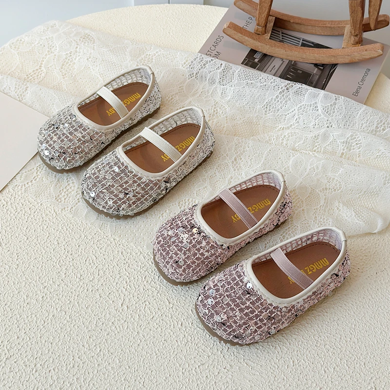 

Детские балетки с пайетками для девочек, дышащие сетчатые туфли для принцесс, модные туфли для выступлений на вечеринках и свадьбах