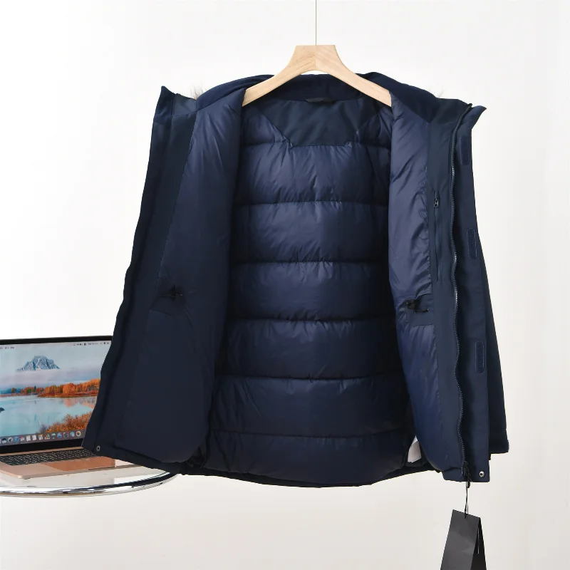 Casais pele de guaxinim com capuz jaquetas ao ar livre ferramentas 2025 inverno grande gola de pele das mulheres dos homens laranja solto pato branco azul marinho