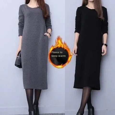 Plus Size Fleece-Lined Thickened Women's Long Dress Autumn/Winter New Style Sweatshirt Medium-Length Base Dress For Women