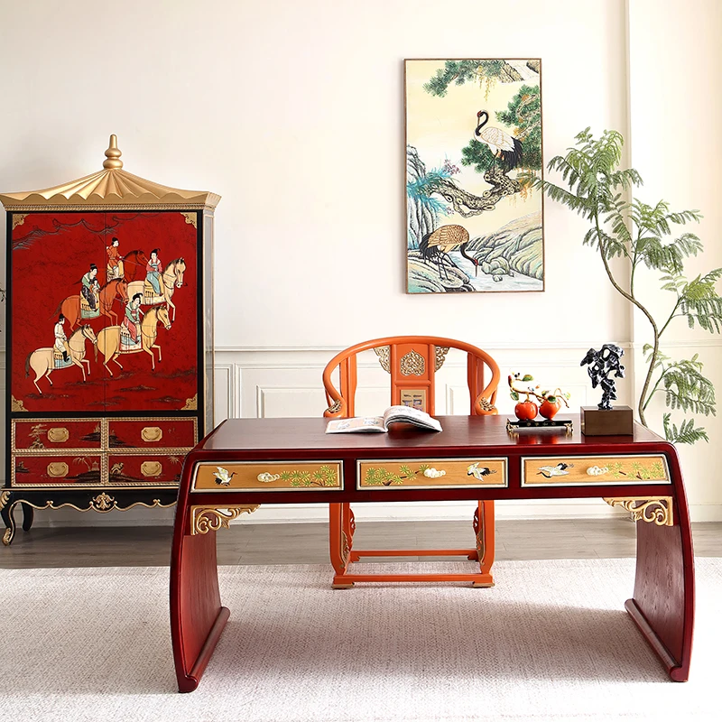 Y New Chinese Style Solid Wood Dining Table Painted with Drawers Book Desk Computer Writing Desk Office Desk