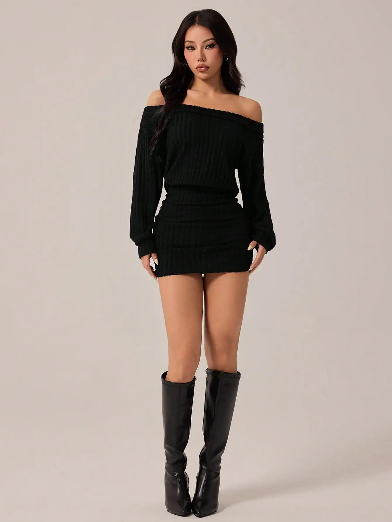 

Black Ribbed Knit Off-Shoulder Mini Dress with Bishop Sleeves