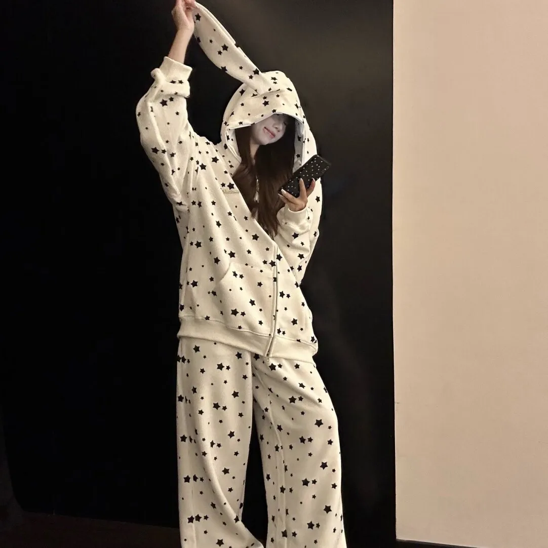

Американский костюм, женский свободный ленивый повседневный осенний свитшот со звездами и кроличьими ушками, брюки из двух предметов