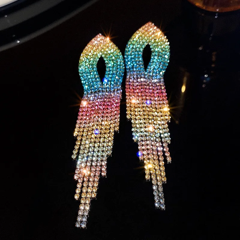 Shiny Rainbow Color Crystal Earrings for Women Long Tassel Pink Rhinestone Dangle Earrings Ladies Bride Weddings Jewelry