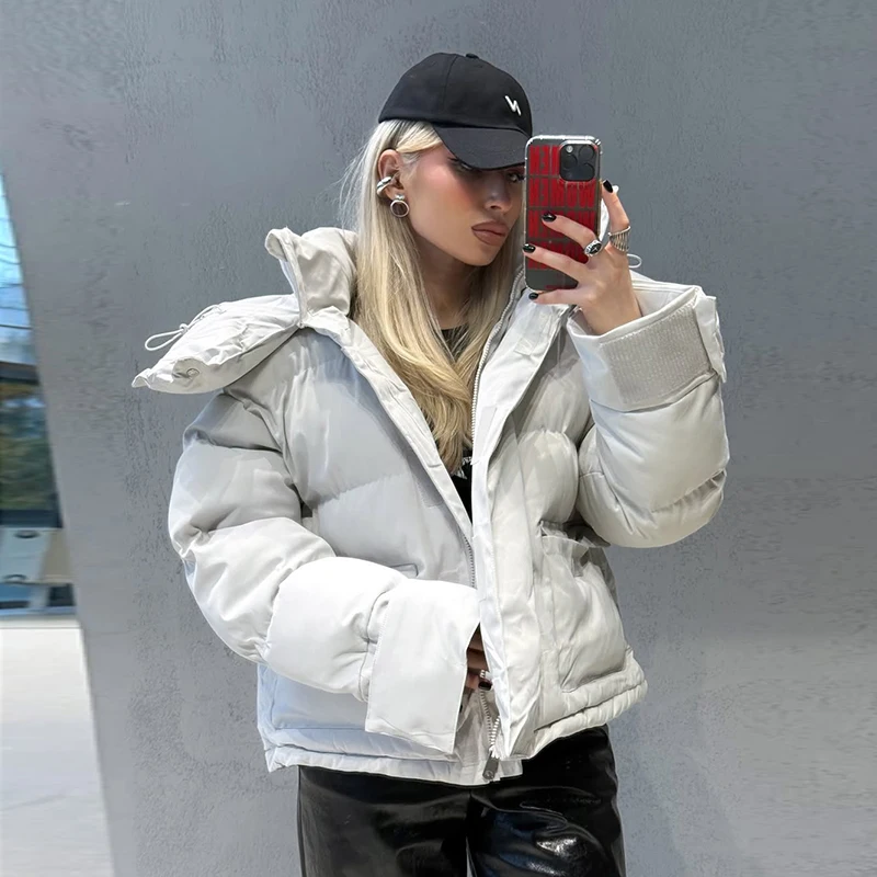 Kapuzenjacke mit Großen Taschen, Übergroße Gefütterte Jacken für Damen, Street-Style, Stehkragen, Lange Ärmel, Reißverschluss, Einfarbig, Lose Pufferjacken, Neue Oberbekleidung – Detail 14