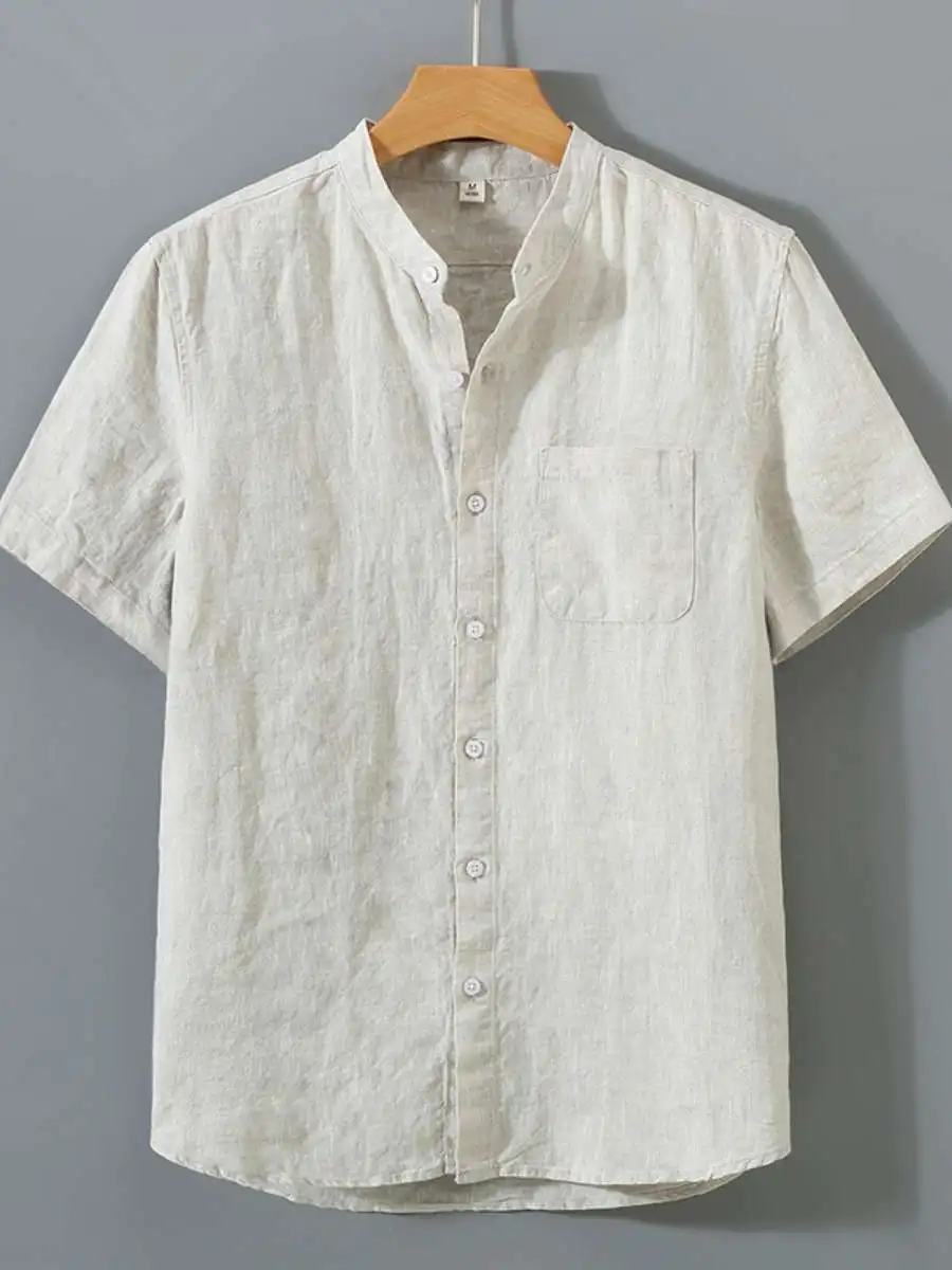New Summer Men's Pure Color Linen Shirt Short Sleeve Lightweight Breathable Casual Top Vintage Style Square Collar DD