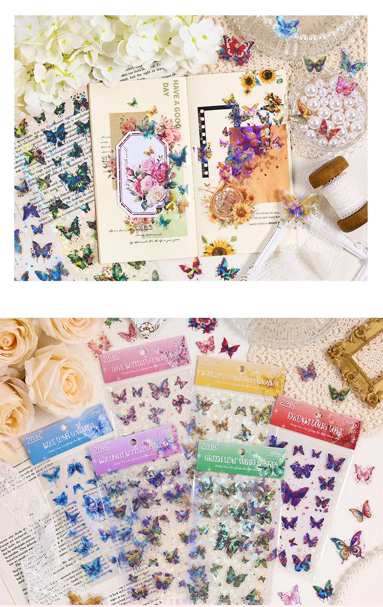 10 Sheets/pack Sparkling Butterflies Transparent PET Die-cut Sitcker Sheet Variety Scrapbooking Journaling Collages