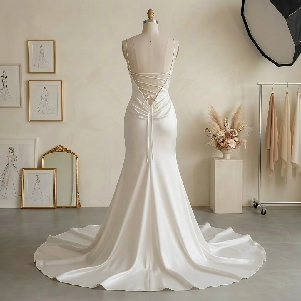Spaghetti Strap Cowl Neck Satin Mermaid Wedding Dress with Lace-Up Back & Train Bridal Gown
