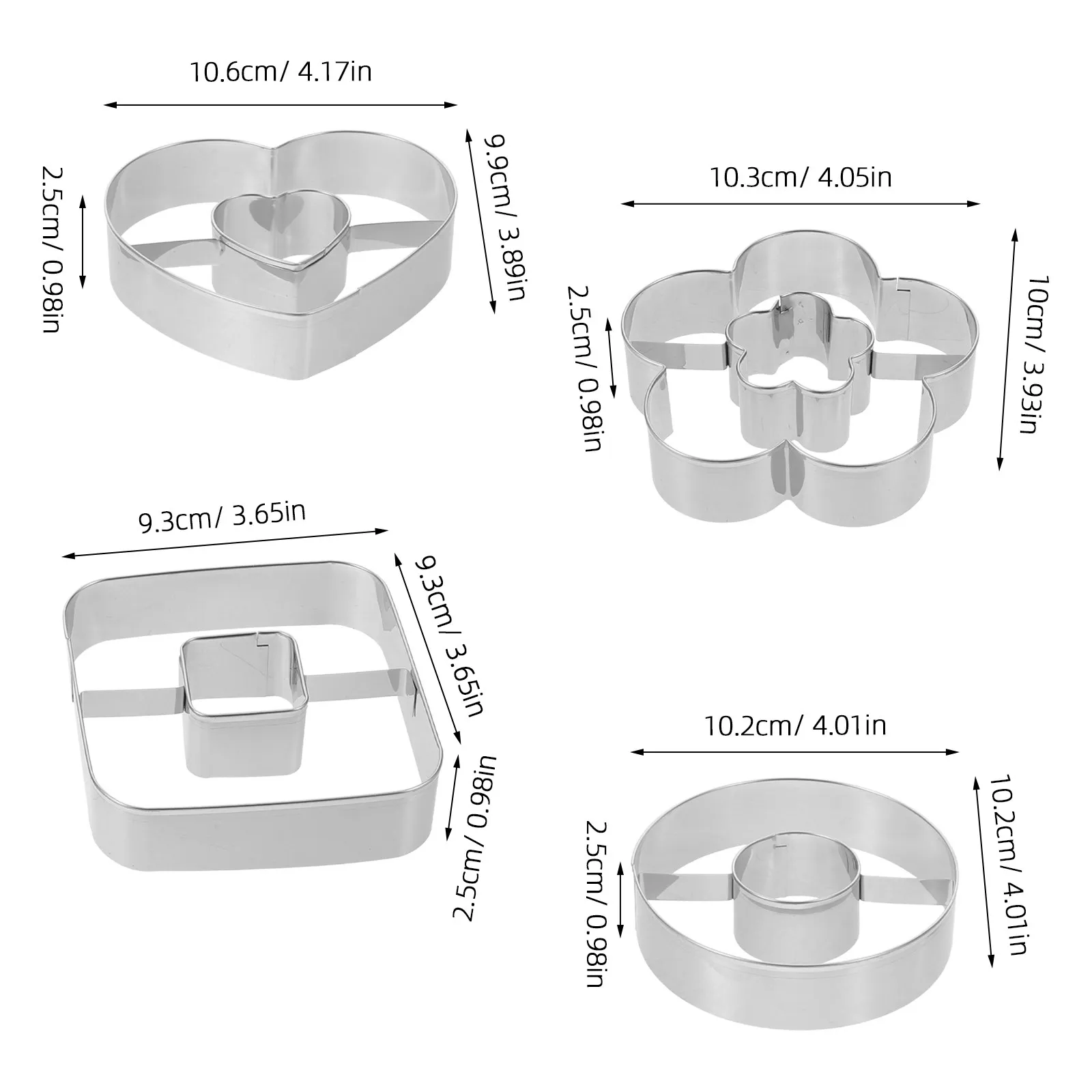 4Pcs Biscuit Cutters Assorted Shapes Stainless Steel Nonstick Donut Cookie Cutter Set Heart Square Flower Round Baking Tool