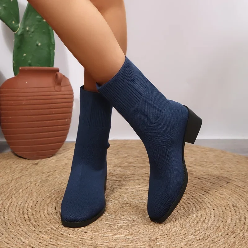 2026 Neue Einfarbige Damen-Strickstiefel bis zur Wadenmitte, Modische Stiefel mit Quadratischem Absatz, Elastische Stiefel für Herbst, Outdoor, Slip-on, Partyschuhe, Größe 43 – Detail 10
