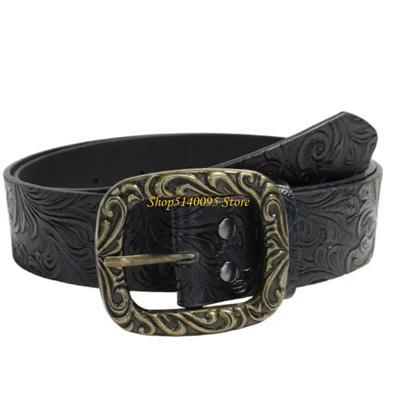 DXAE Adjustable Embossed Belt for Women with Wide PU Strap, Engraved Square Pin Closure and Relaxed Jeans Outfit Styling