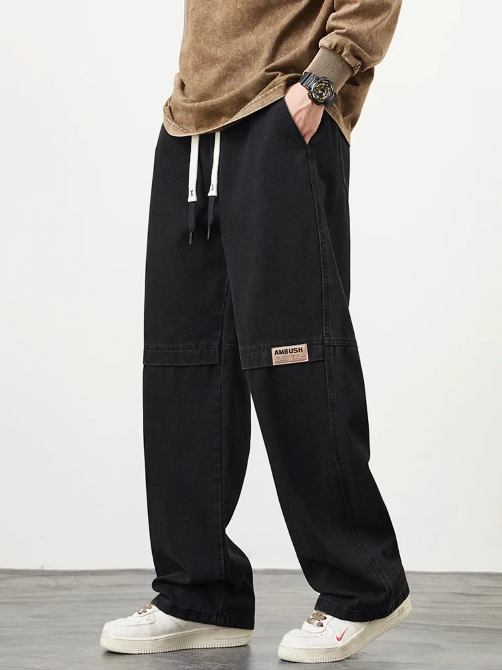 New Retro Men\'s Jeans Large Size String Banding Wide Leg Denim Pants Cotton Casual Straight Jean Trousers 5XL jeans men
