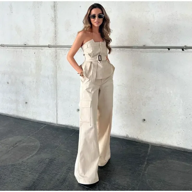 Fashion Sleeveless Pleated Top Vest with Belt Summer Two Piece Suits Dress Women Elegant Long Skirts Suits High Street Outfits