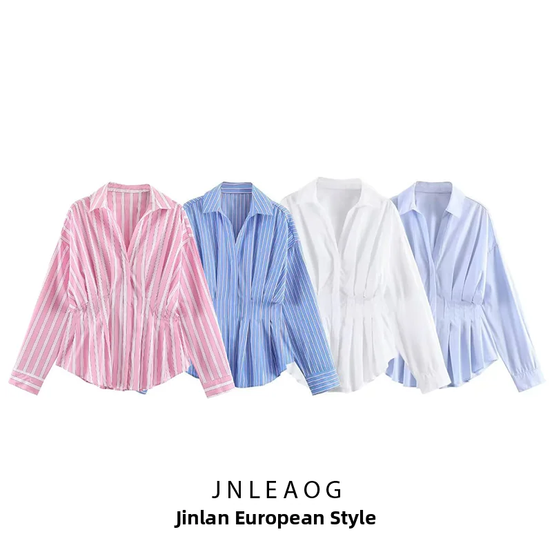JNLEAOG Autumn New Women's Shirt Design Sense Pleated Striped Silk Shirt Polyester Long Sleeve Regular Fit Micro Stretch