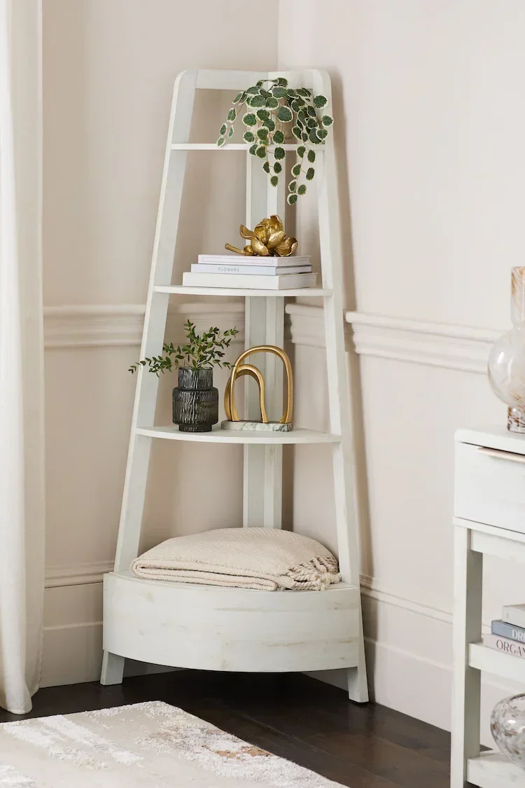 White Bronx Oak Effect Eck Leiter Regal Bücherregal Mit Regalen Und Schublade Wohnzimmer Vitrine Büro Bücher Ständer