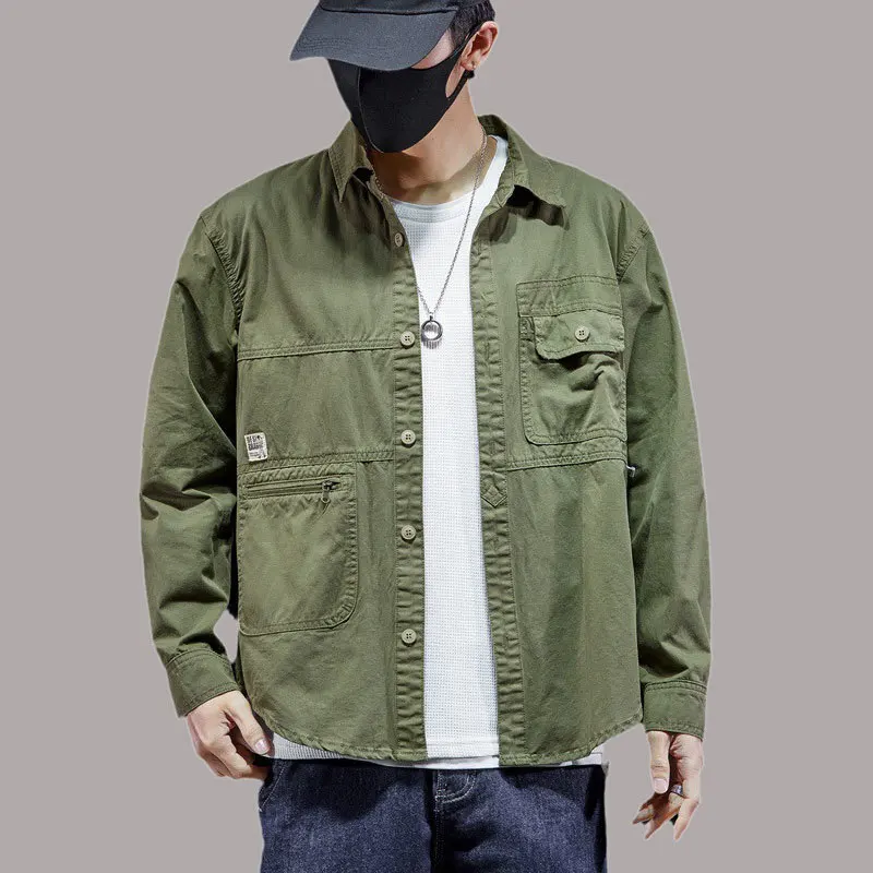 Workwear Military Styles Men Twill Cotton Coats Casual Loose Handsome Versatile Male Cargo Zipper Pocket Woven Shirt Jackets