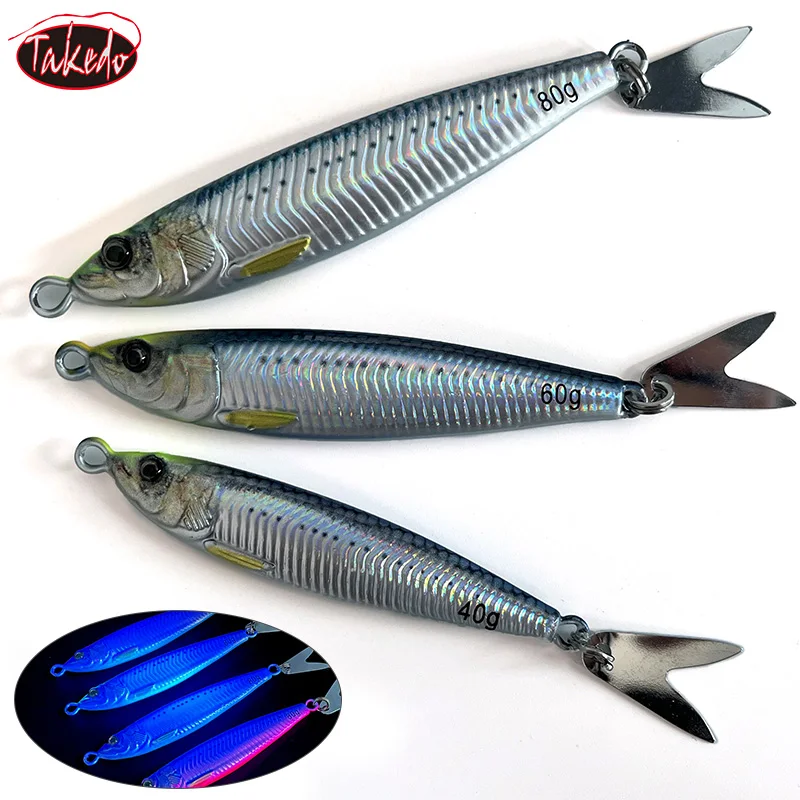 TAKEDO 40G 60G 80G Jigging Lure Sea Fishing Metal Jig Bait Fishing Lures UV Coating Aritificial Jerkbait Luminous Belly Jigbait