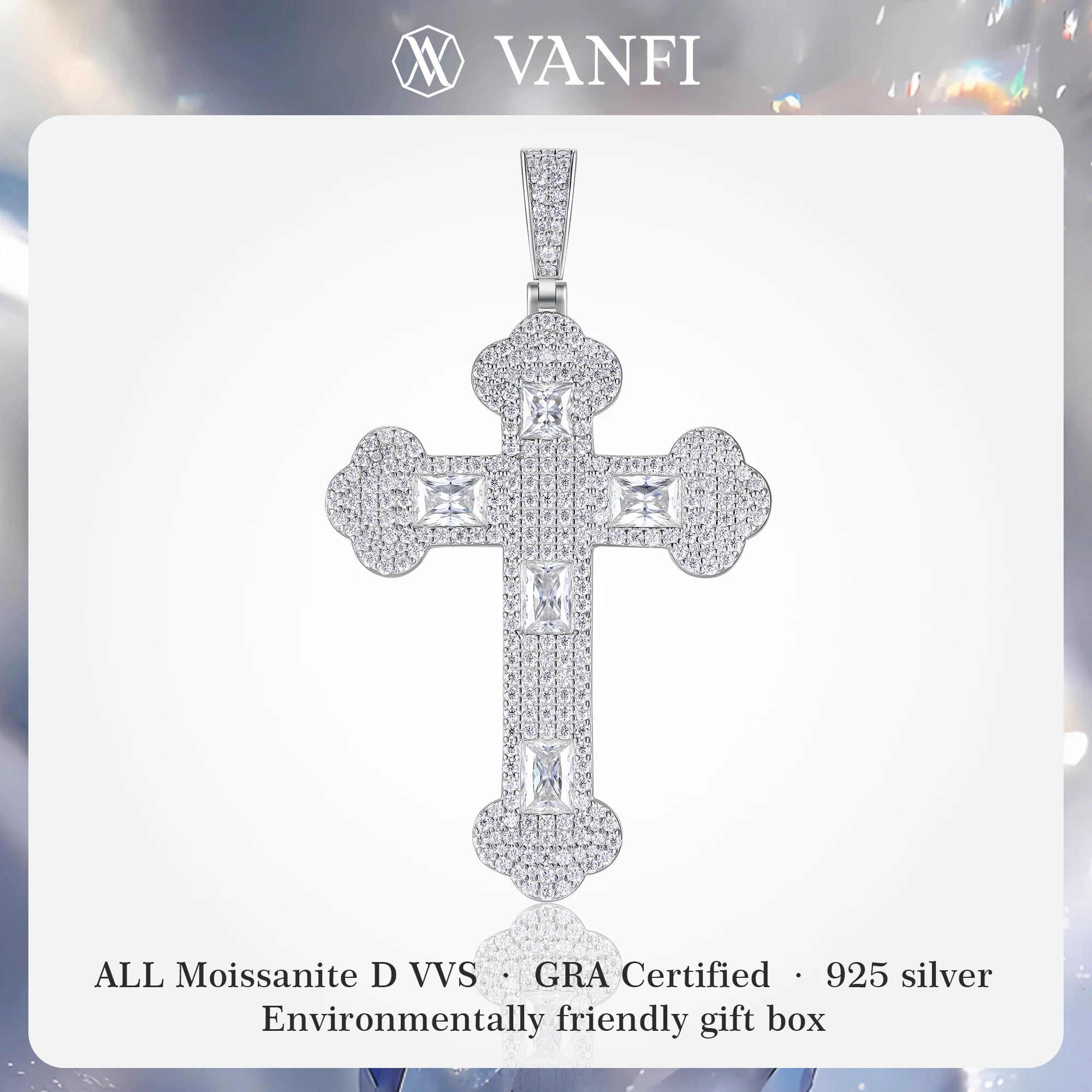 Kfvanfi-colgante de plata de ley s925 con cruz de moissanita para hombre, colgante de hip hop chapado en oro blanco de 18k, joyería con personalidad