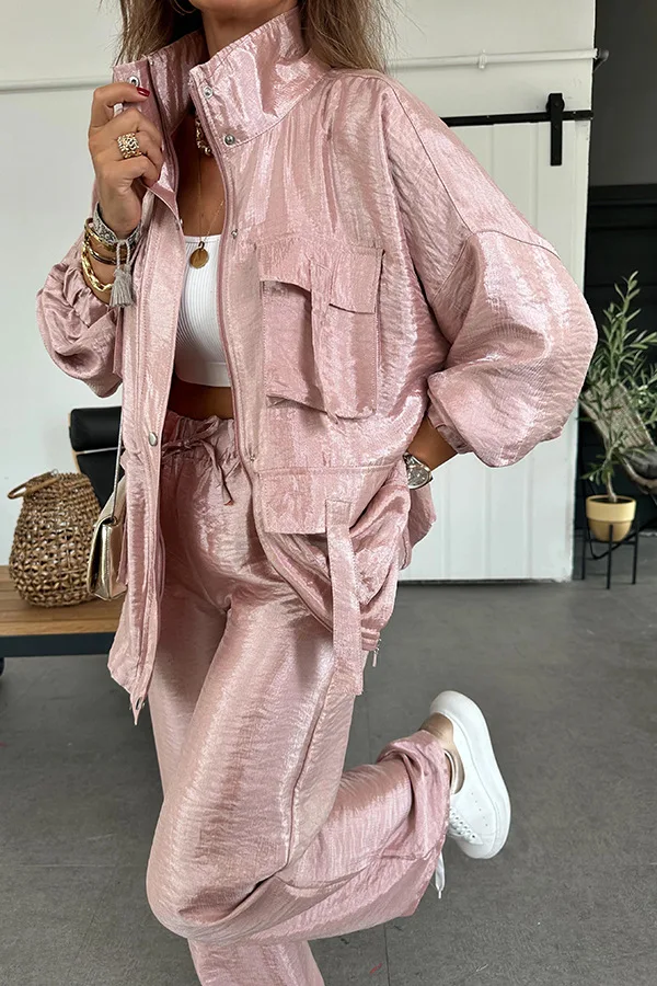 Loungewear Women Loose Sport Outfits Fashion Stand Collar Coats Long Pants Suits Elegant Long Sleeve Solid Color 2Pc Lounge Sets