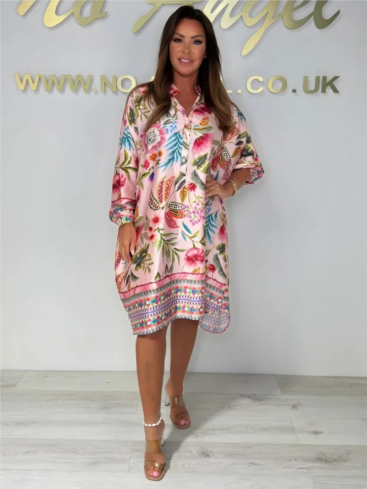 Abiti midi con stampa floreale di nuova moda estiva Abiti casual da donna a maniche lunghe con scollo a V e bottoni Abiti larghi per le donne Abito Boho da vacanza