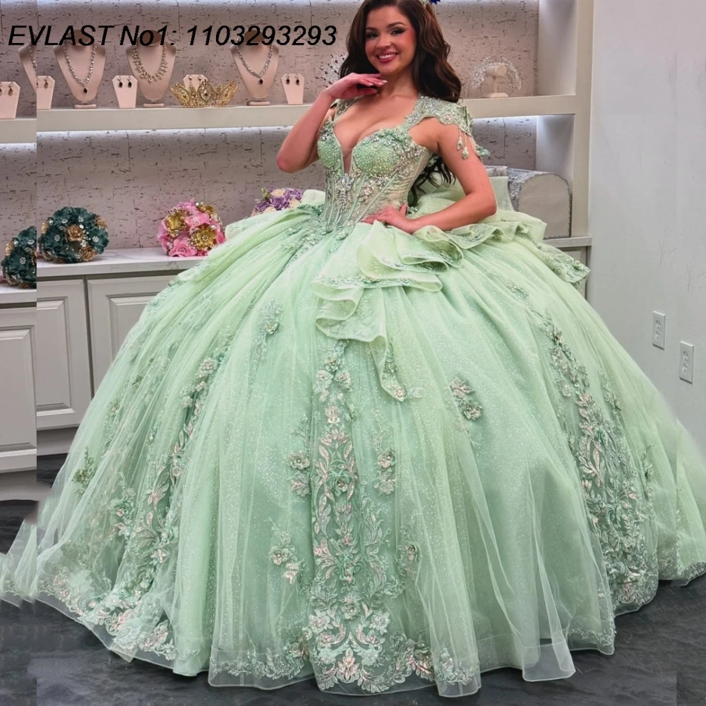 

EVLAST блестящее мятное бальное платье Quinceanera по индивидуальному заказу, блестящее кружевное платье с аппликацией из бисера, многоуровневое милое платье 16, Vestidos De 15 Anos E1QN33