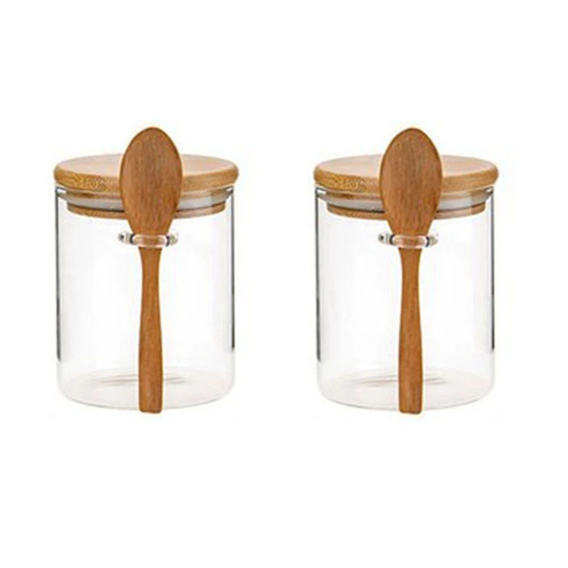 2Pcs with Bamboo Lid and Spoon Clear Glass Canister Jar for Kitchen Storag