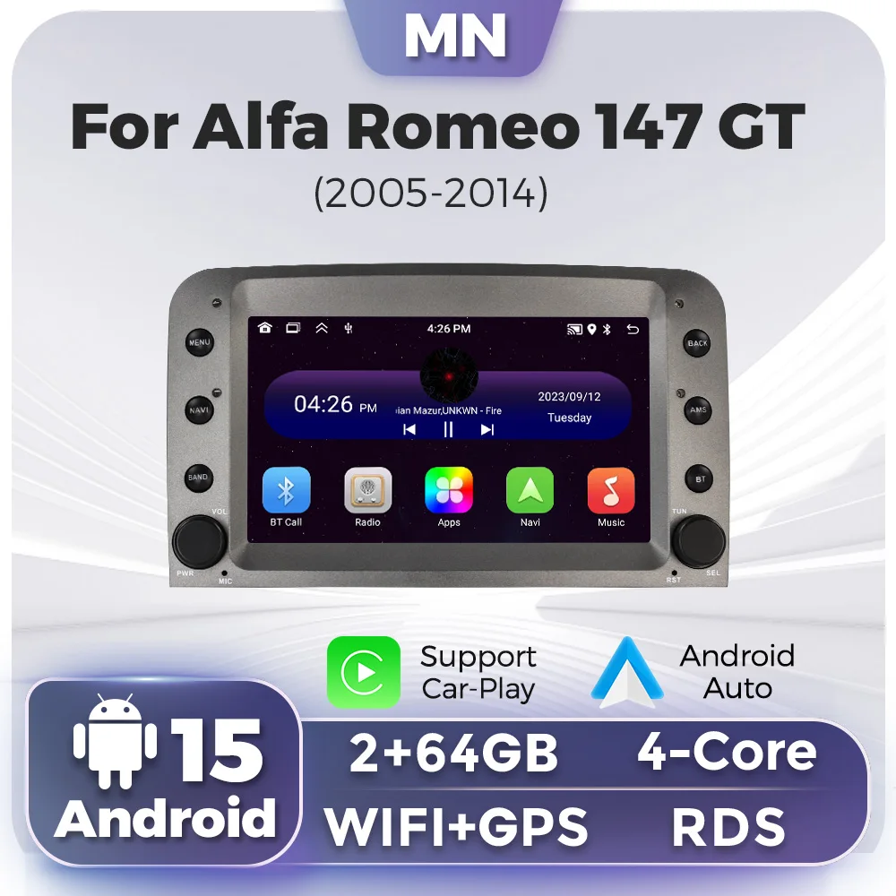 7 inch 2+64G Car Radio Android 15 For Alfa Romeo 147 GT 2005 - 2014 Multimedia GPS Navigation Stereo Player CarPlay Auto WIFI