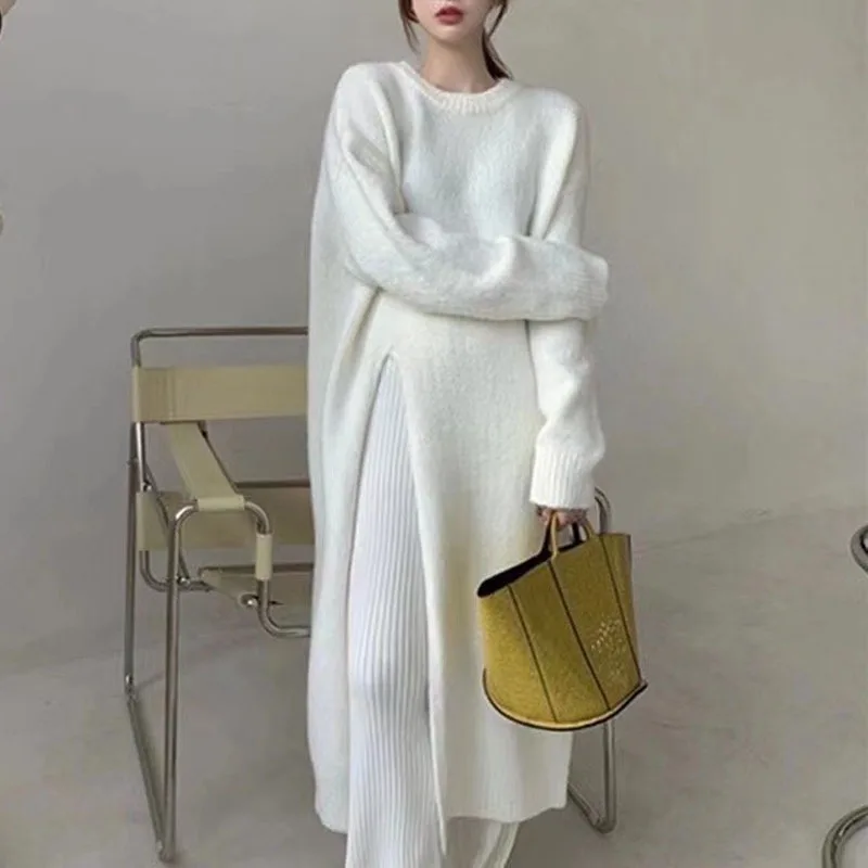 

Lazy Style Side Slit dress Women's 2024 New Autumn and Winter Loose Crewneck Over-the-knee Long Knitted Sweater Dress