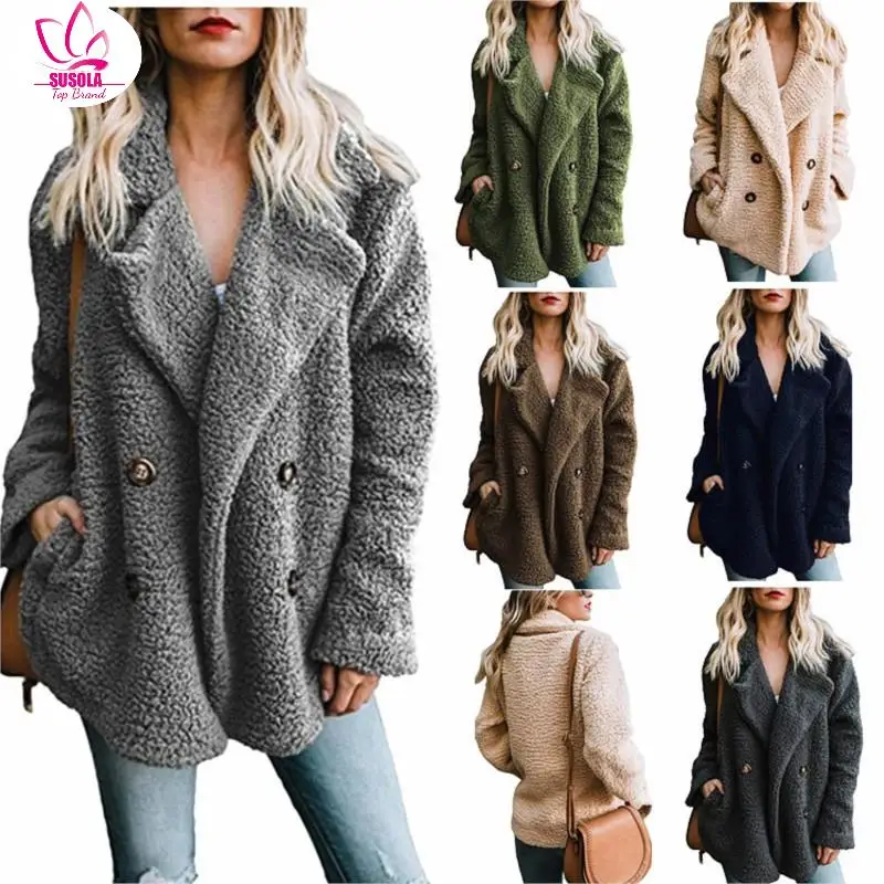 SUSOLA Lady Faux Fur Coat Women Warm Outwear Plush Notch Collar Women Winter Coat Loose Trench Pure Color