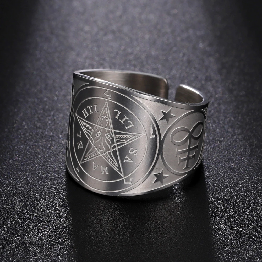 New In Occult Sigil of Baphomet Ring for Men Personality Devil Satan Pentagram Ring Stainless Steel Satanic Lucifer Jewelry