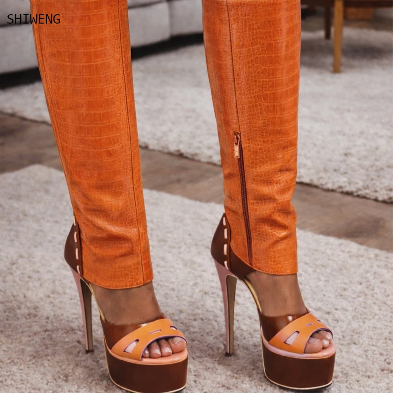 

2026 Patchwork Print Platform Sandal Boots Women Trendy Sexy Mixed Color Cut Out Boots Female Open Toe Pink High Heels 44