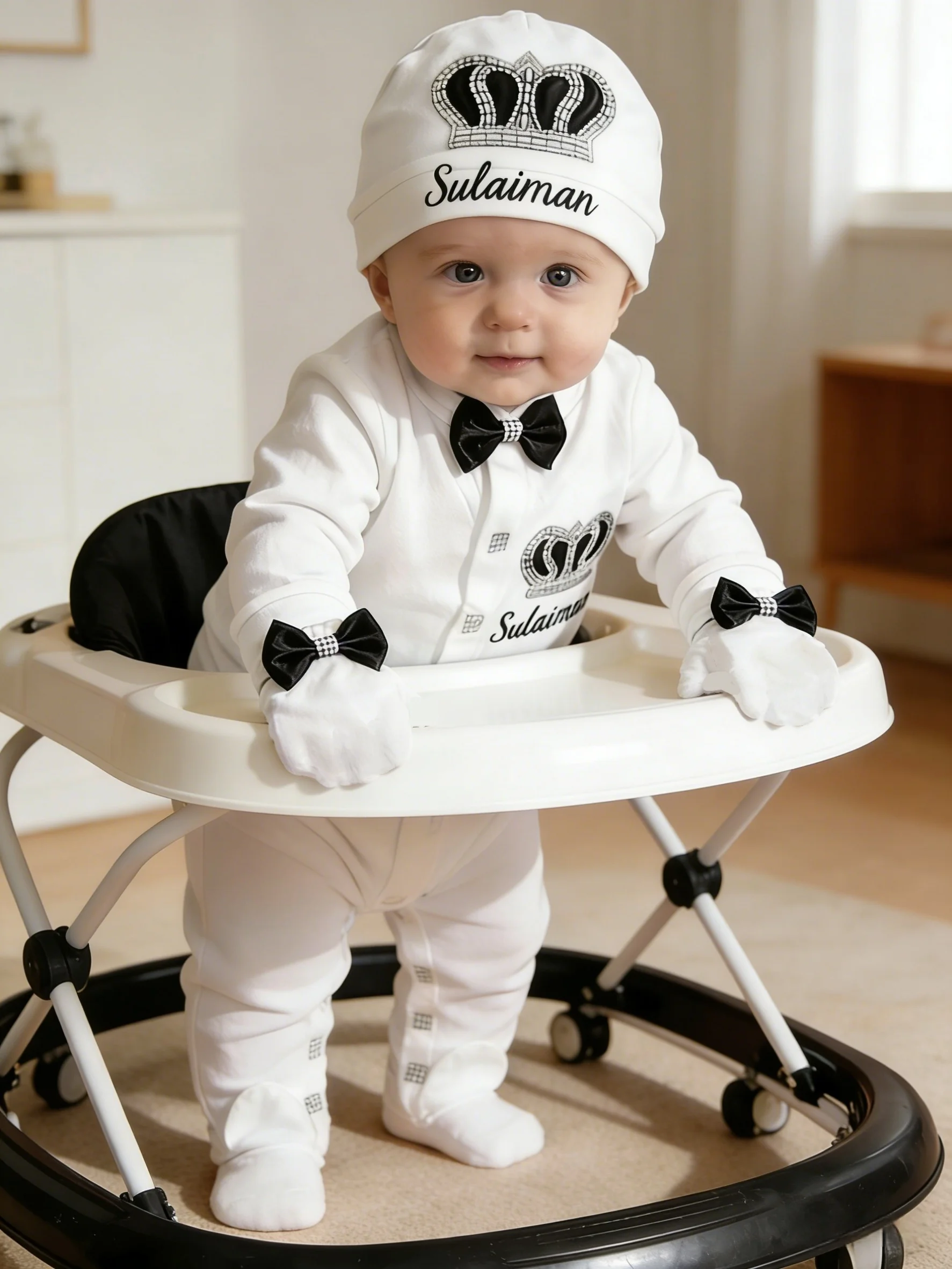 3PCS Deluxe Baby Prince Crown Outfit Personalized Newborn Footed Romper Black Bow Tie Cotton Jumpsuit Hat Mittens