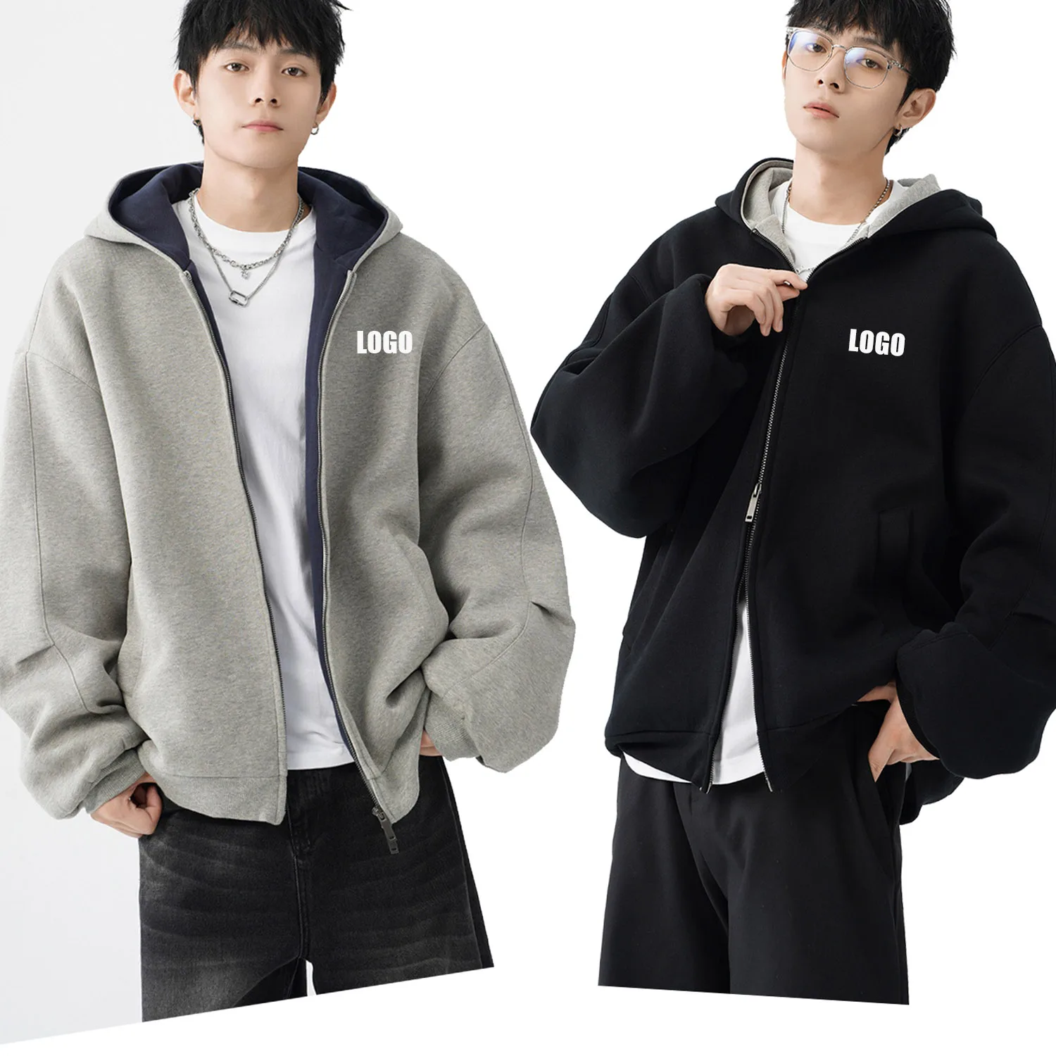 Customized LOGO Men's Double Zipper Heavy Cardigan Sweater Loose Casual Contrast Color American Retro Hoodie Jacket