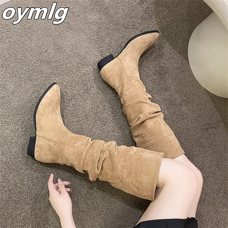 Długie buty damskie 2024 Autumn New Vintage Western Cowboy Stacked Boots Thick Heel High Barrel Knight Slim Long Boots