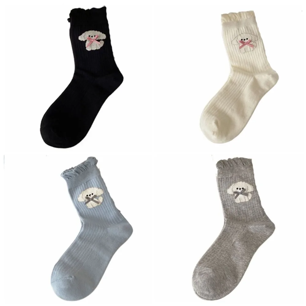 

4Pairs Soft Cartoon Dog Bowknot Ruffle Socks Kawaii Anti-slip Sweet Tube Socks Ballet Style Hosiery Mid-calf Socks Women Lady