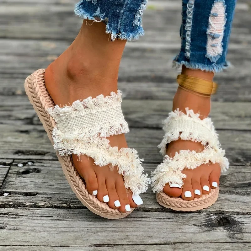 Flat Slippers Summer New Round Head Set Toe Tassel Soft Soled Beach Shoes Lightweight Anti-slip Wear Slippers women shoes