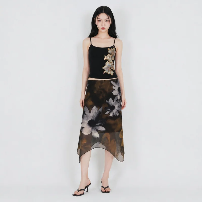 Retro Cool Plant Floral Print Half Skirt Irregular Tulle Low Waist Midi Skirt Casual Style Polyester Fiber Slim Fit Version