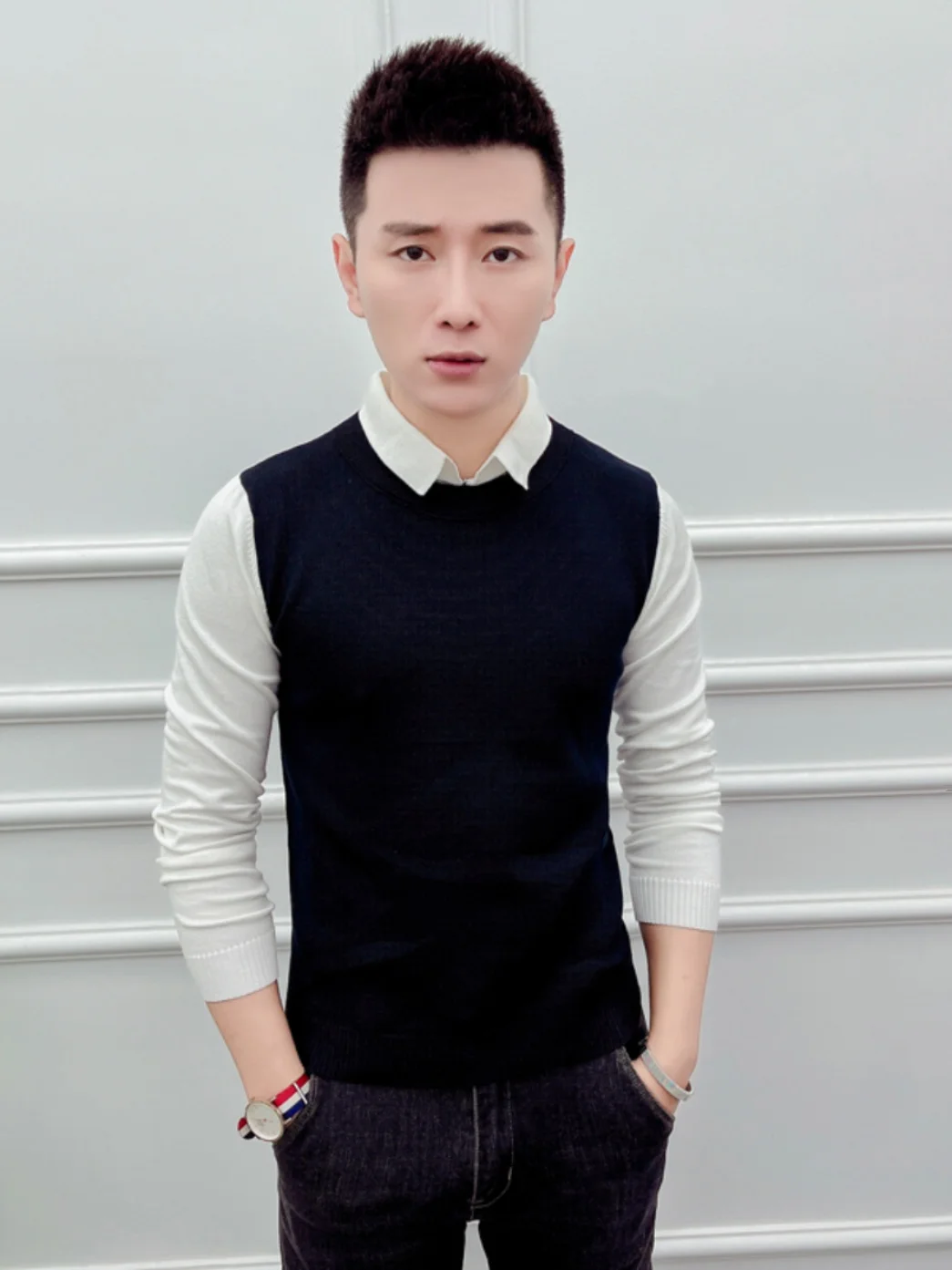 

Мужской вязаный свитер с воротником-стойкой, имитация двухслойности, приталенный крой, повседневный, с длинным рукавом, молодежный, модный, базовый трикотажный джемпер для осени и зимы