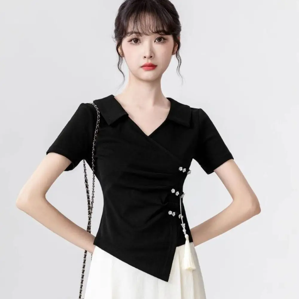 

Tassel Pendant Irregular V-neck T-shirt Flower Button Lapel Women's Slim Crop Tops Chinese Style Streetwear