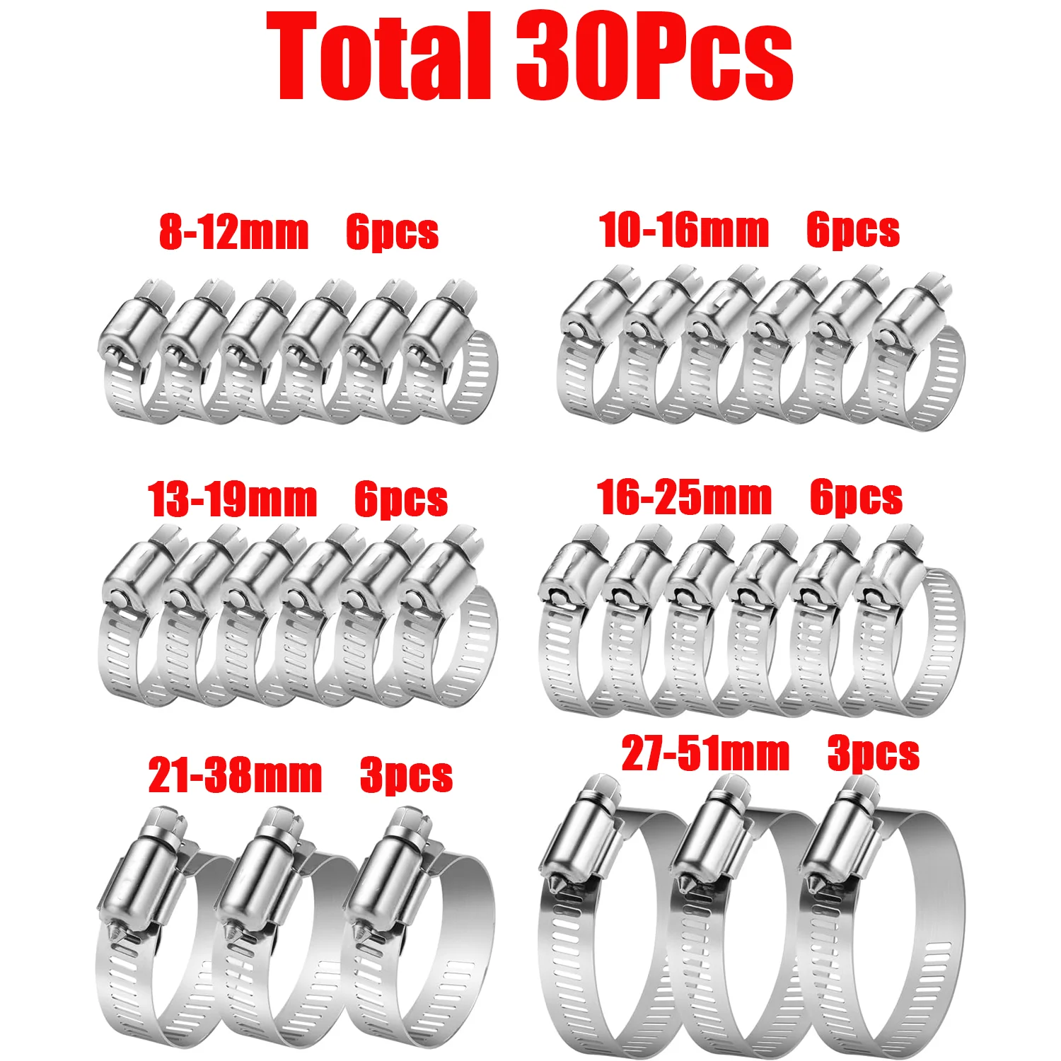 30 Stück Schlauchschellen Rohrschellen 8 mm-51 mm Edelstahl Hoop Clamp Schlauch Edelstahl Automotive Rohre Clip Festes Werkzeugset