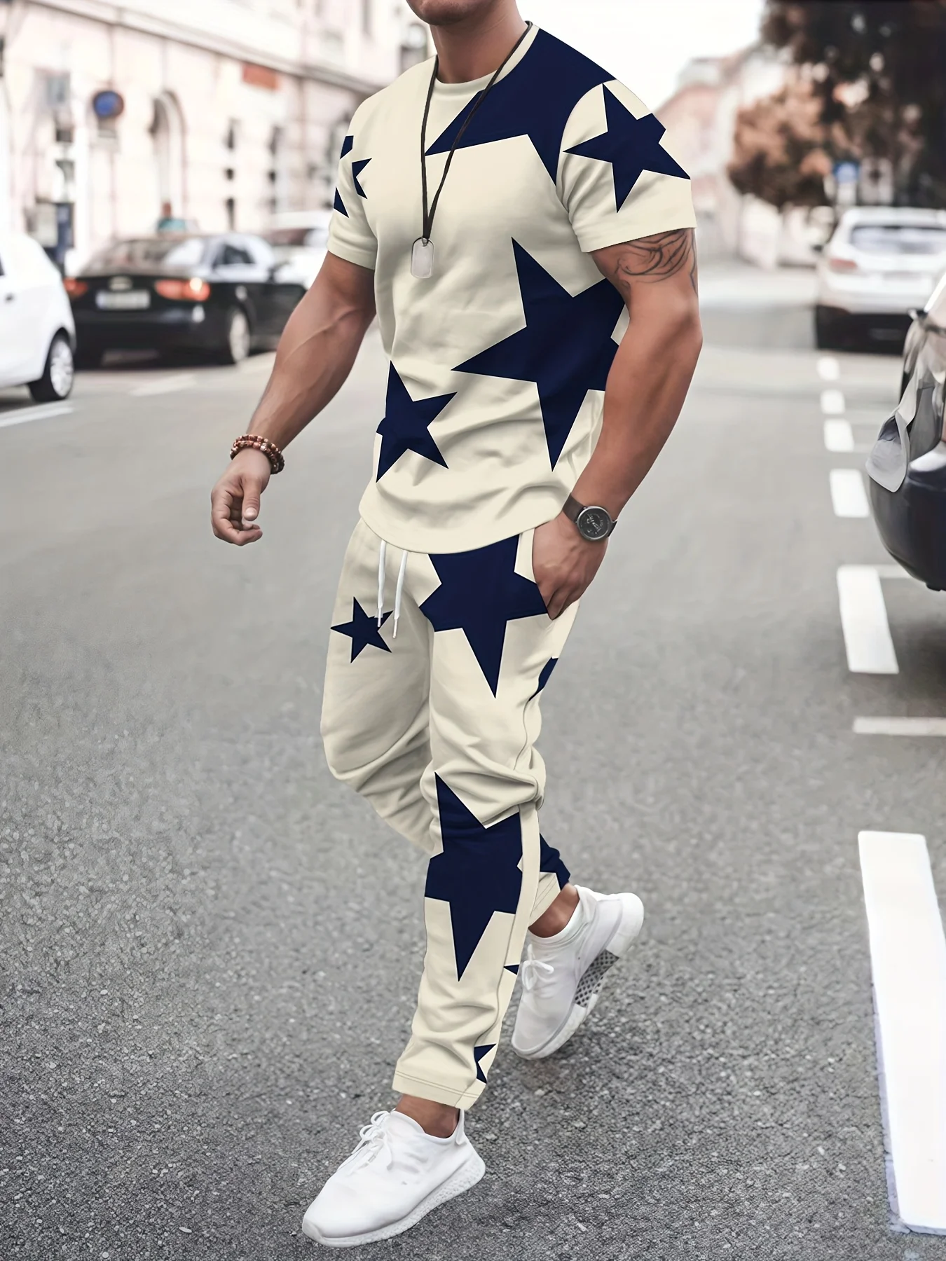 

2026 Summer New Men's Short-Sleeved Long Pants Set with 3D Stripes Pattern Print - Street Casual Fashionable and Comfortable
