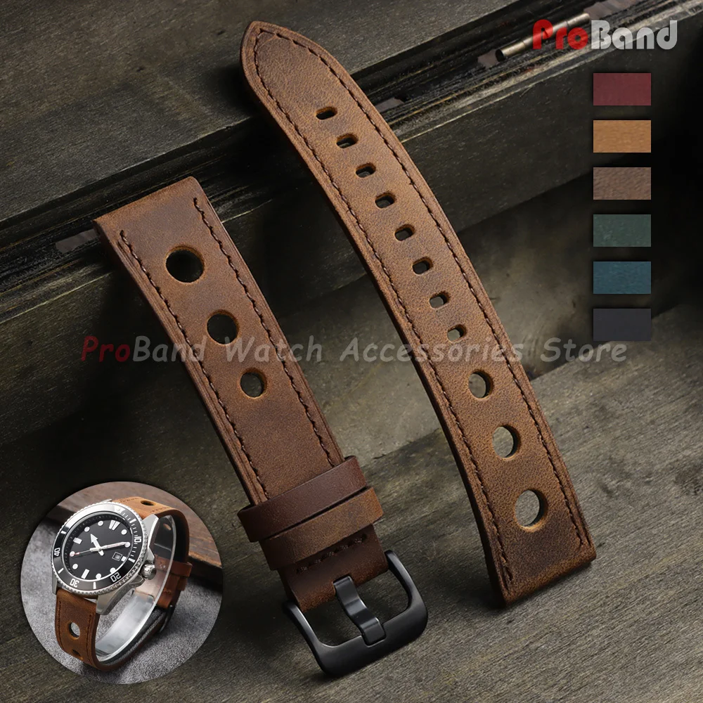 Image of Vintage-Leder-Uhrenarmband, 18 mm, 20 mm, 22 mm, 24 mm, atmungsaktive Armbänder, Dornschließe, weiches Business-Unisex-Uhrenzubehör