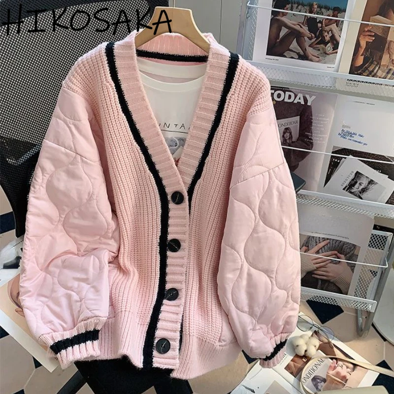 

Fashion Sweet Patchwork Parkas Sweaters Women V-neck Single Breasted Long Sleeve Loose Cardigan Top 2024 New Autumn Winter Coats