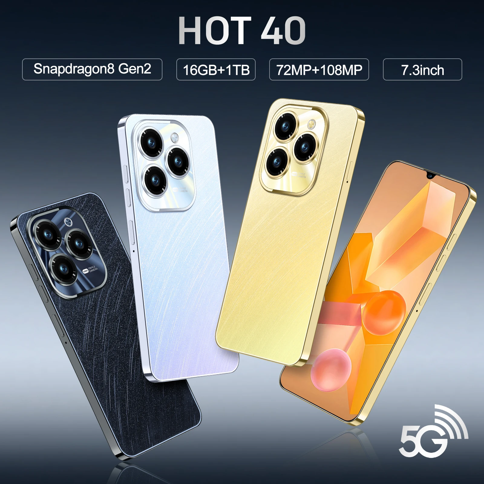 Original HOT40 Pro Smartphone 5G Dual SIM Android 7.3 inch Drop screen 72+108 million HD  cameras Mobile Phones Global Version