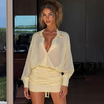 Cryptographic Fashion See Through Shirt Mini Dress Flare Sleeve Sexy Club Party Bandage Ruched Lapel Dresses Outfits Clothes 6
