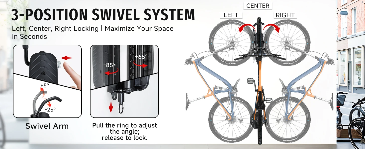 2er-Pack 150 ° Drehbarer Multifunktionaler Fahrradhalter Wandmontierte Aufbewahrungshalterung Vertikale Tragfähigkeit 66 lbs pro Halterung – Detail 3