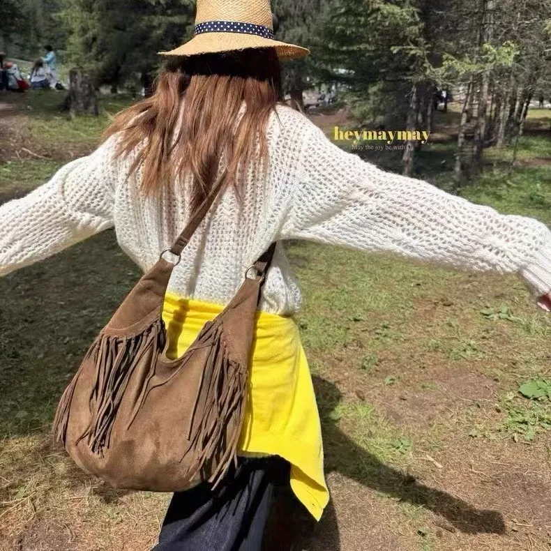 Bolso de hombro con borlas esmeriladas de gran capacidad para mujer, bolso de ante sintético con flecos para las axilas, bolso de viaje, bolso de compras para mujer