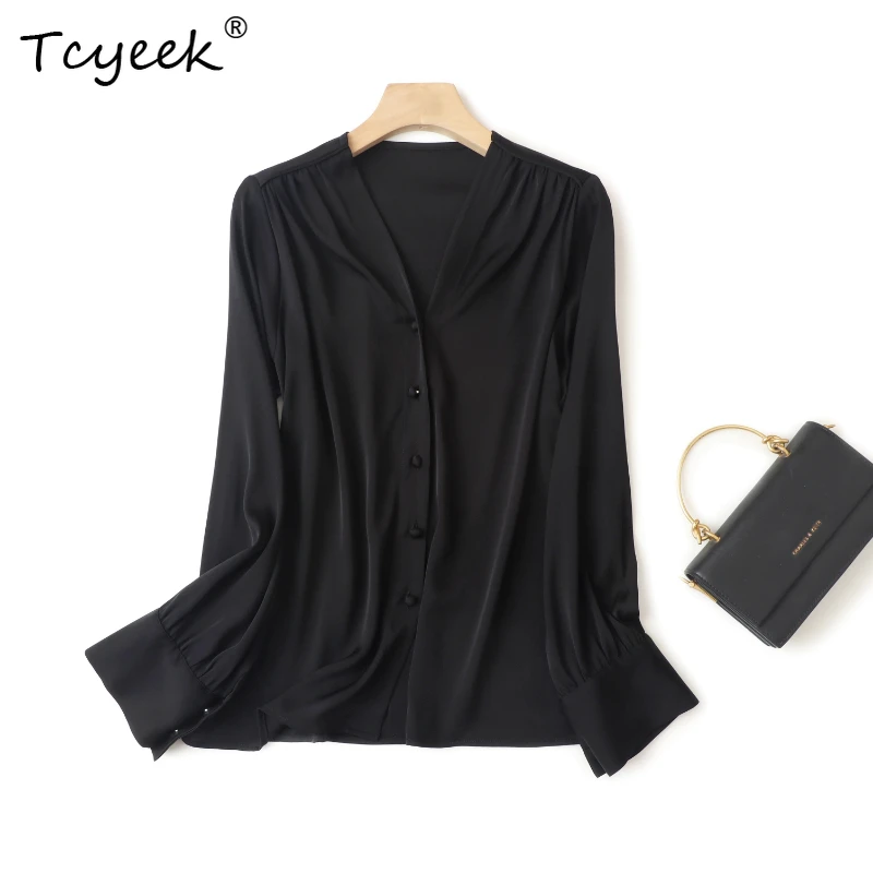 

Tcyeek 93% Mulberry Silk 7% Spandex Spring Autumn Long Sleeved V-neck Solid Color Loose Fit Women's Shirts Женская Одежда 여름옷