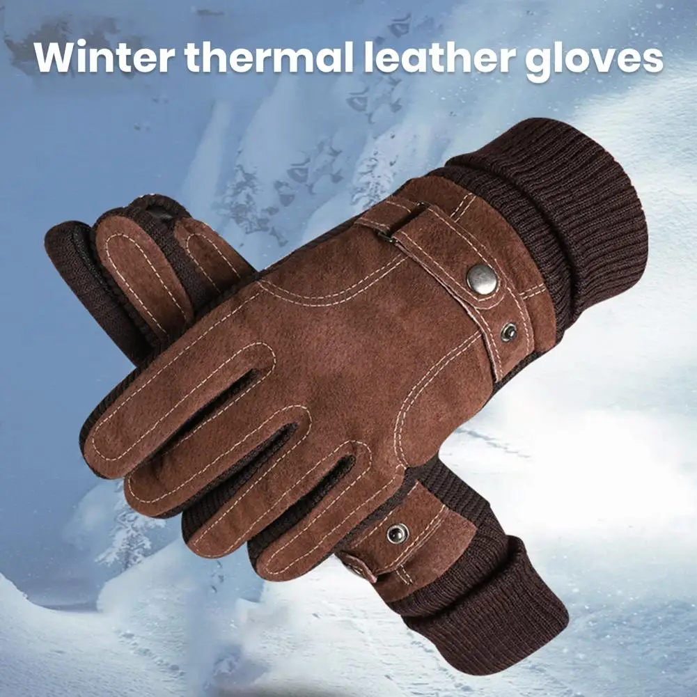 

1 Pair Men Autumn Winter Suede Double Layer Riding Gloves Fleece Lined Driving Mittens Ribbed Cuffs Windproof Non-slip Gloves